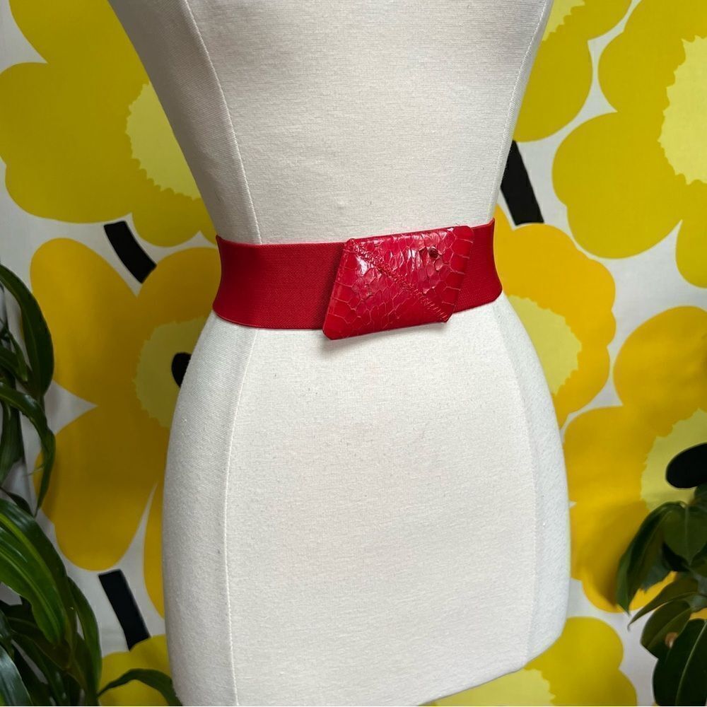 Vintage 1980s Cherry Red Elastic Belt with Snakeskin Buckle